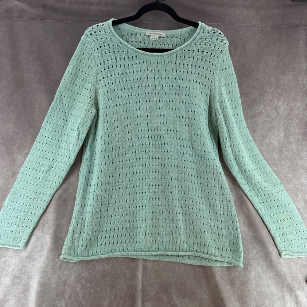 Liz Claiborne Mint Green Pointelle Cotton Knit Crew Neck Sweater LG Cottagecore